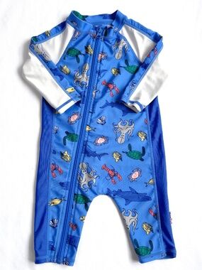 SwimZip Sunsuit Long Sleeve Romper Swimsuit blue sea animals 0-6 UPF 50+ zipper